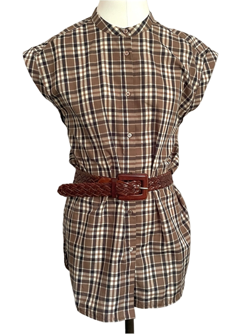 Classic Brown Blue Plaid Sleeveless Tunic Blouse - Small, Japanese brand 🇯🇵 - Picture 2 of 12